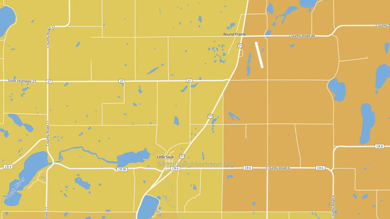 Map of the best neighborhoods in the Round Prairie area, with better matches in green and worse matches in red