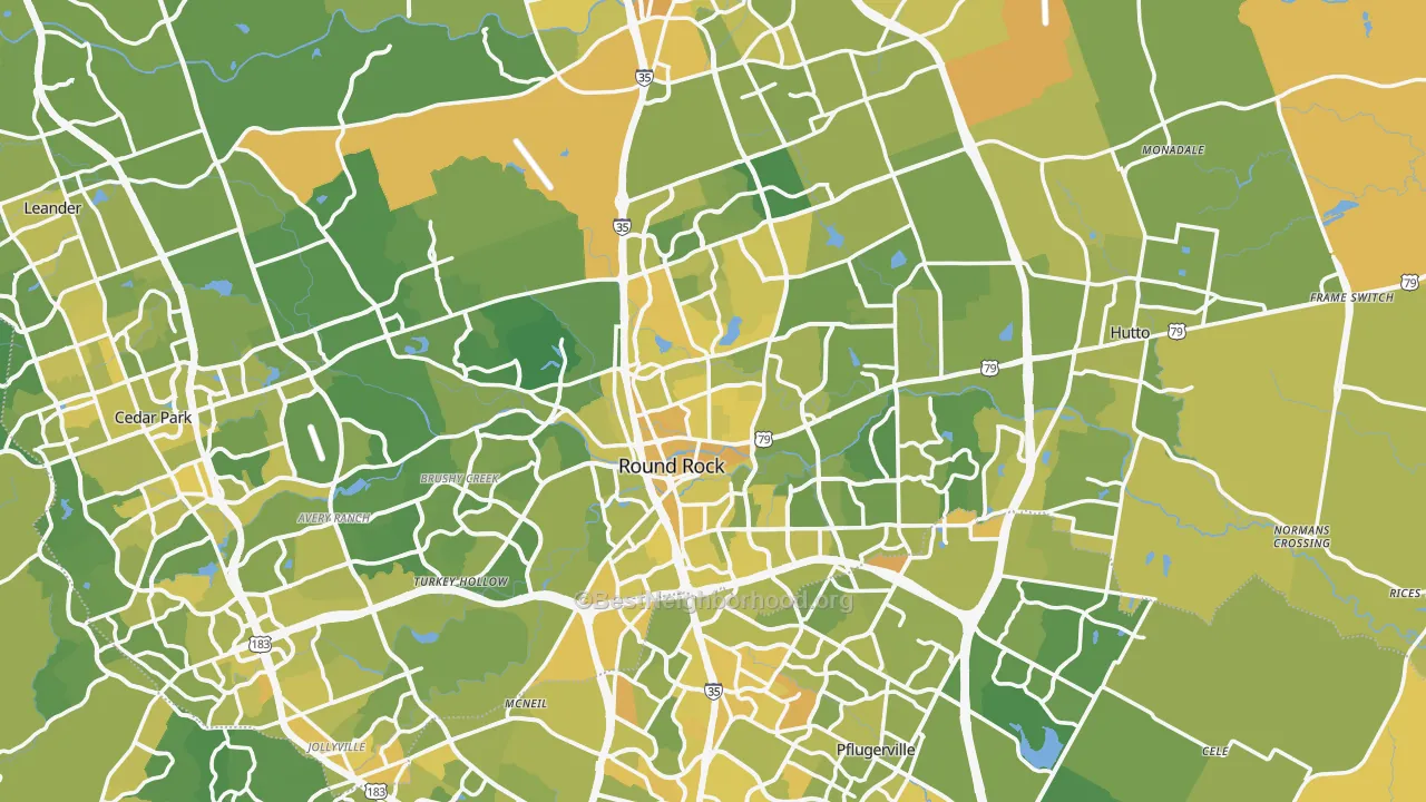 Map of the best neighborhoods in the Round Rock area, with better matches in green and worse matches in red