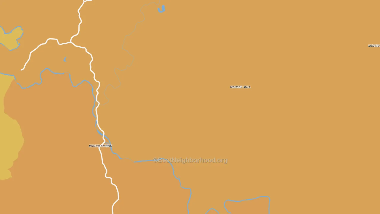 Map of the best neighborhoods in the Round Spring area, with better matches in green and worse matches in red