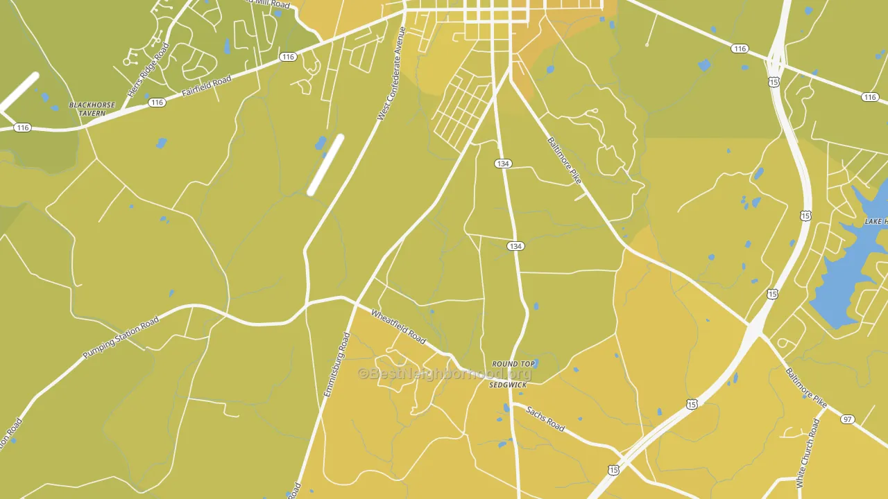 Map of the best neighborhoods in the Round Top area, with better matches in green and worse matches in red
