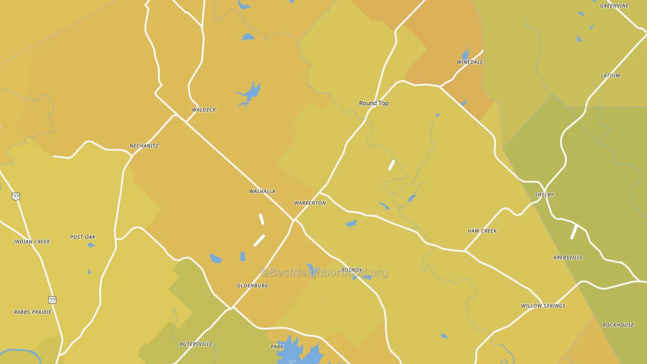 Map of the best neighborhoods in the Round Top area, with better matches in green and worse matches in red