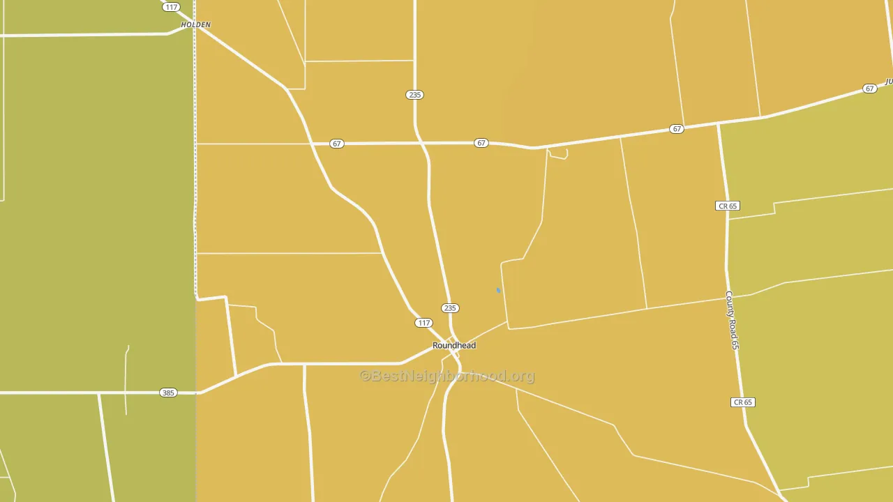 Map of the best neighborhoods in the Roundhead area, with better matches in green and worse matches in red