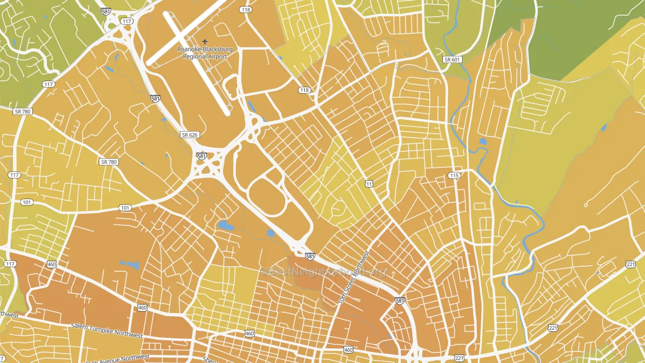 Map of the best neighborhoods in the Roundhill, Roanoke area, with better matches in green and worse matches in red