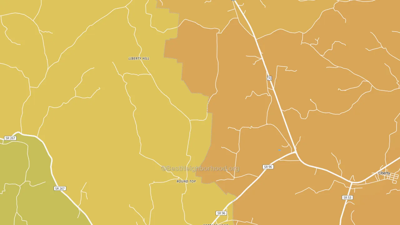 Map of the best neighborhoods in the Roundtop area, with better matches in green and worse matches in red