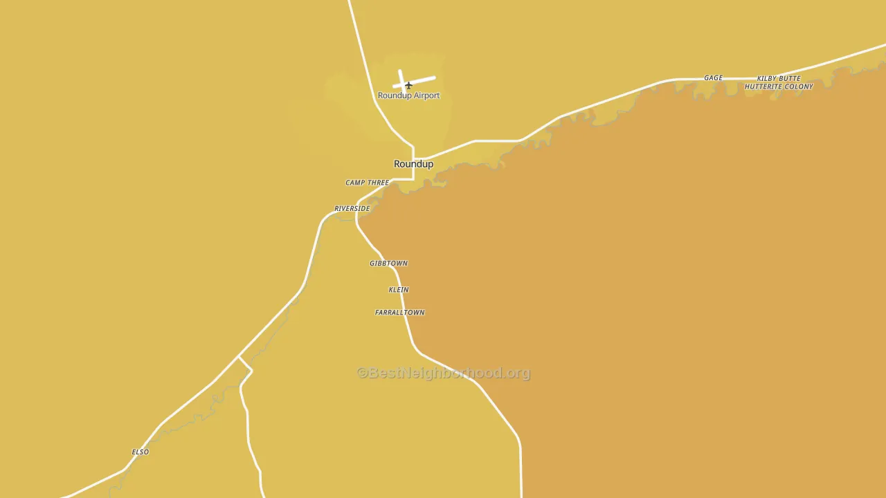 Map of the best neighborhoods in the Roundup area, with better matches in green and worse matches in red