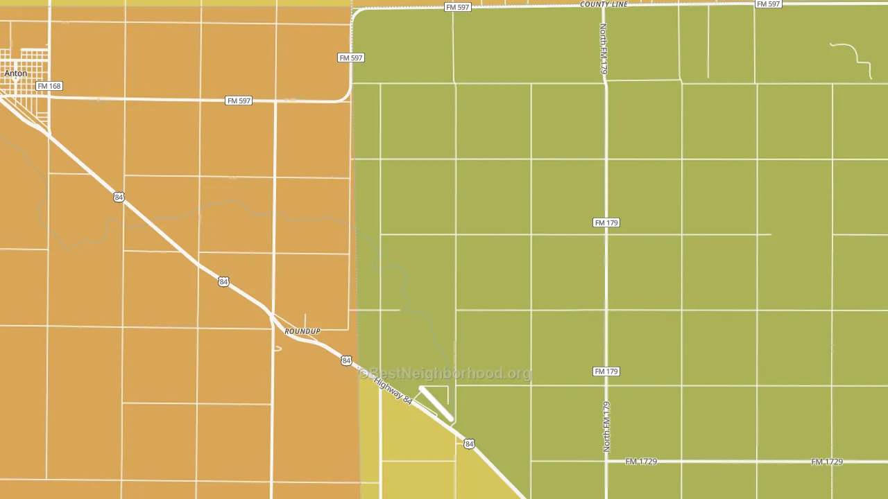 Map of the best neighborhoods in the Roundup area, with better matches in green and worse matches in red