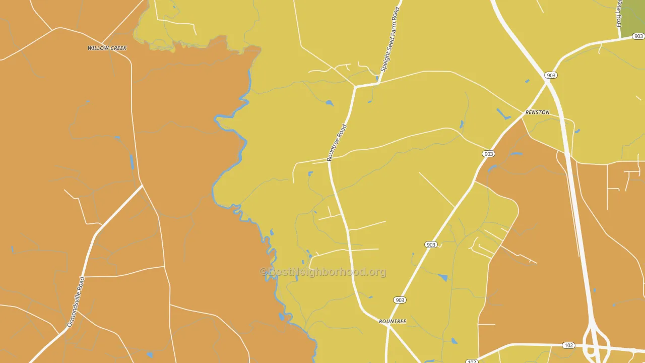 Map of the best neighborhoods in the Rountree area, with better matches in green and worse matches in red