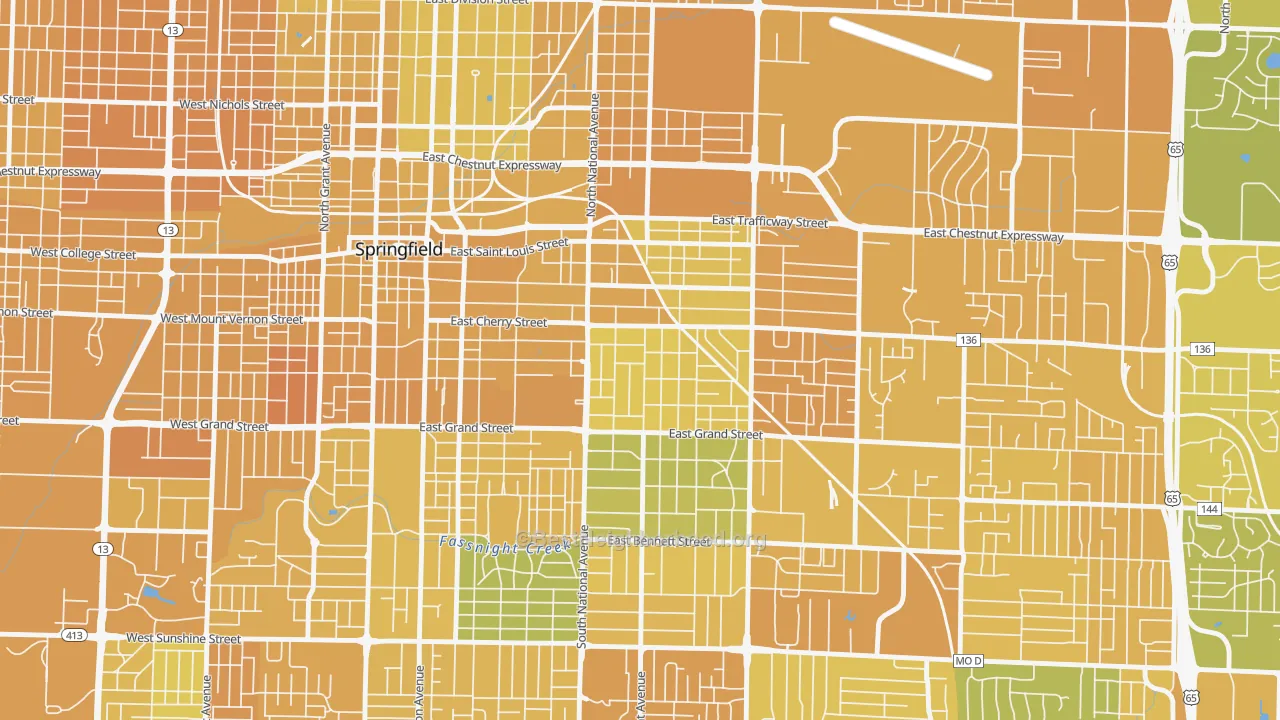 Map of the best neighborhoods in the Rountree, Springfield area, with better matches in green and worse matches in red