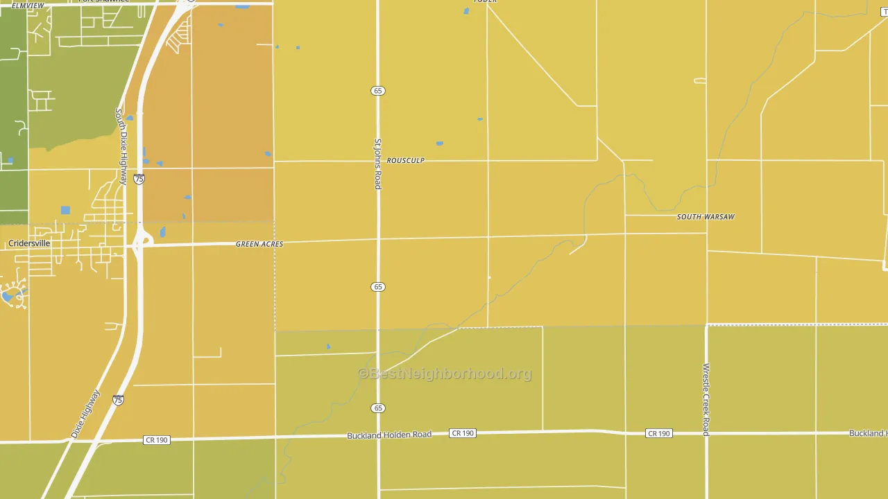 Map of the best neighborhoods in the Rousculp area, with better matches in green and worse matches in red