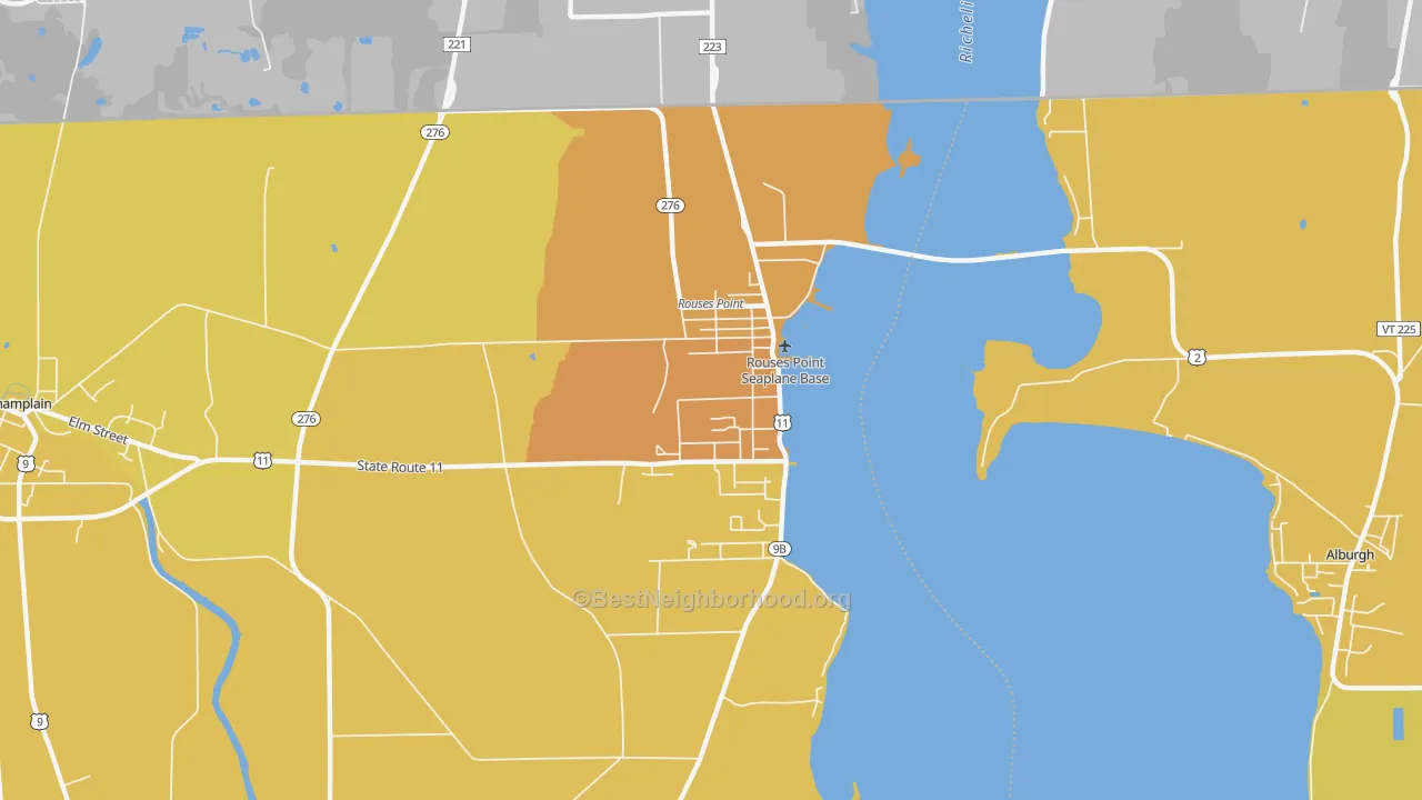 Map of the best neighborhoods in the Rouses Point area, with better matches in green and worse matches in red