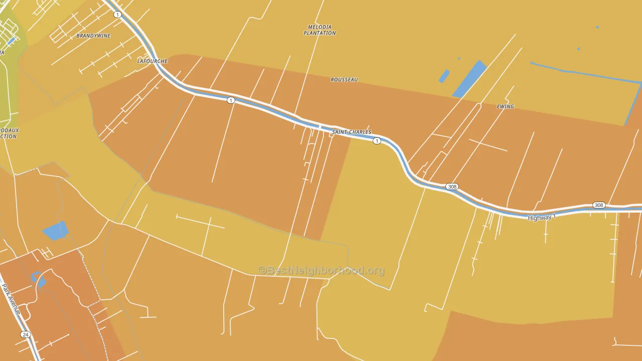 Map of the best neighborhoods in the Rousseau area, with better matches in green and worse matches in red