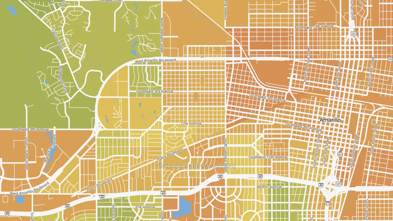 Map of the best neighborhoods in the Route 66 Historic District, Amarillo area, with better matches in green and worse matches in red