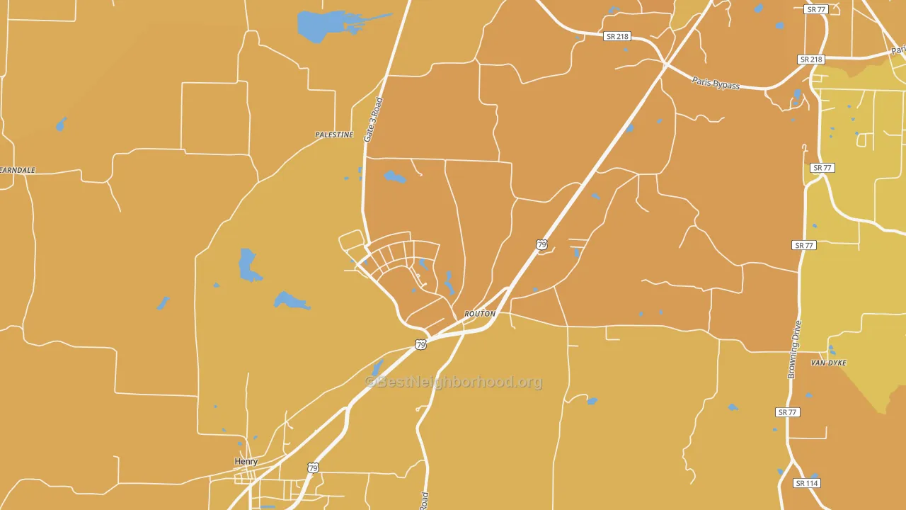 Map of the best neighborhoods in the Routon area, with better matches in green and worse matches in red