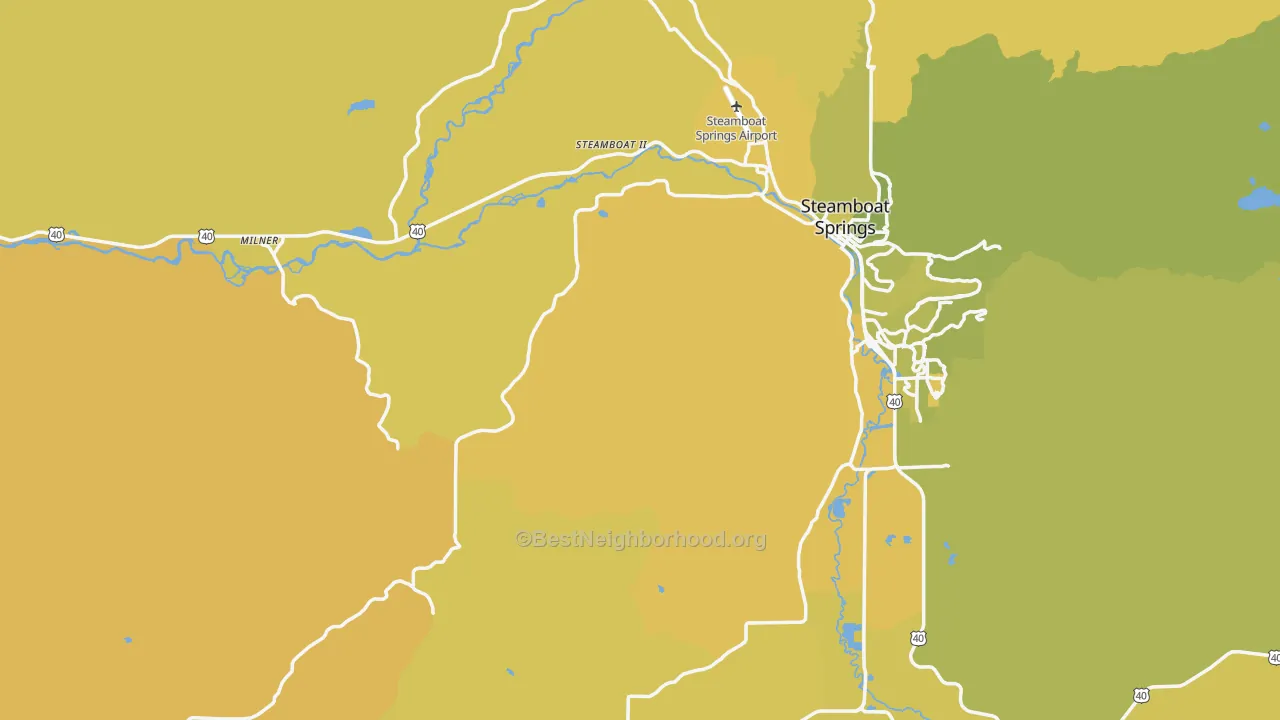 Map of the best neighborhoods in the Routt County area, with better matches in green and worse matches in red