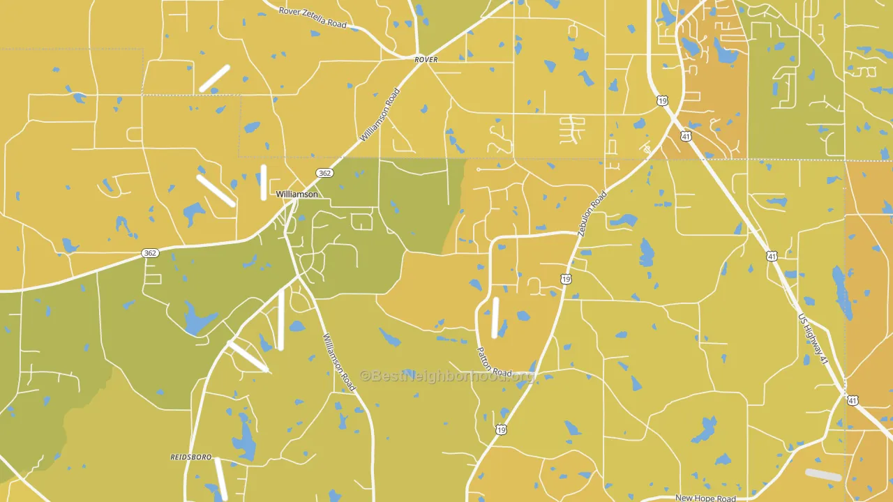 Map of the best neighborhoods in the Rover area, with better matches in green and worse matches in red