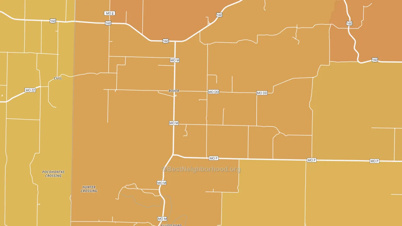 Map of the best neighborhoods in the Rover area, with better matches in green and worse matches in red