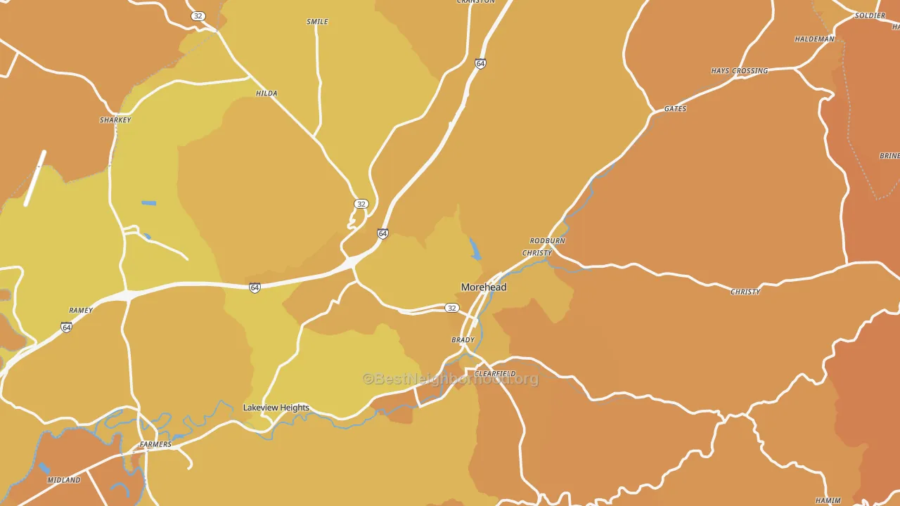 Map of the best neighborhoods in the Rowan County area, with better matches in green and worse matches in red
