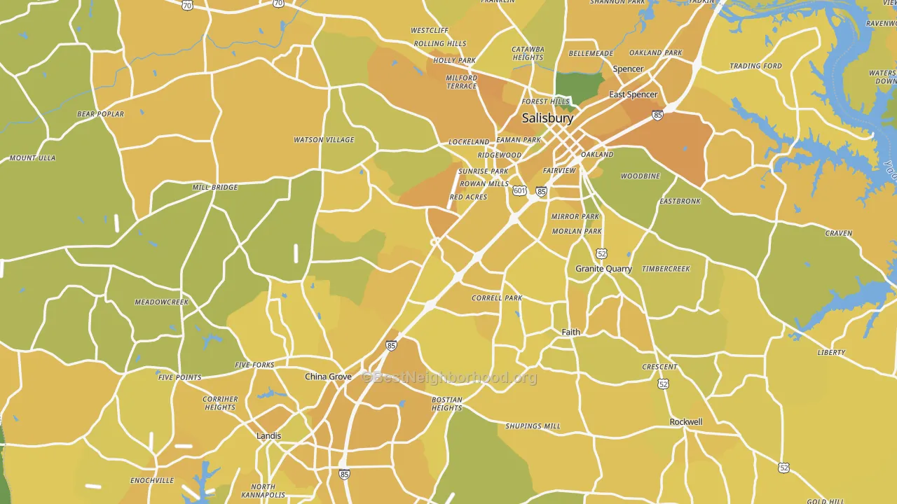 Map of the best neighborhoods in the Rowan County area, with better matches in green and worse matches in red