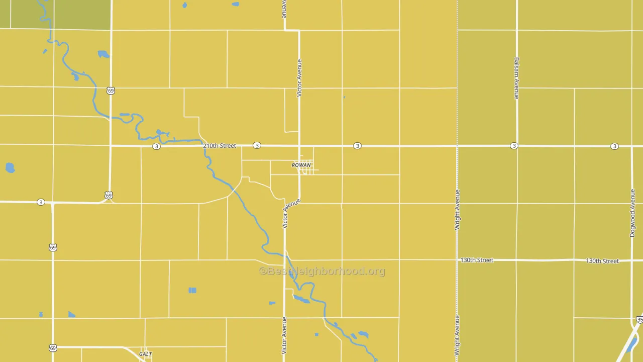 Map of the best neighborhoods in the Rowan area, with better matches in green and worse matches in red