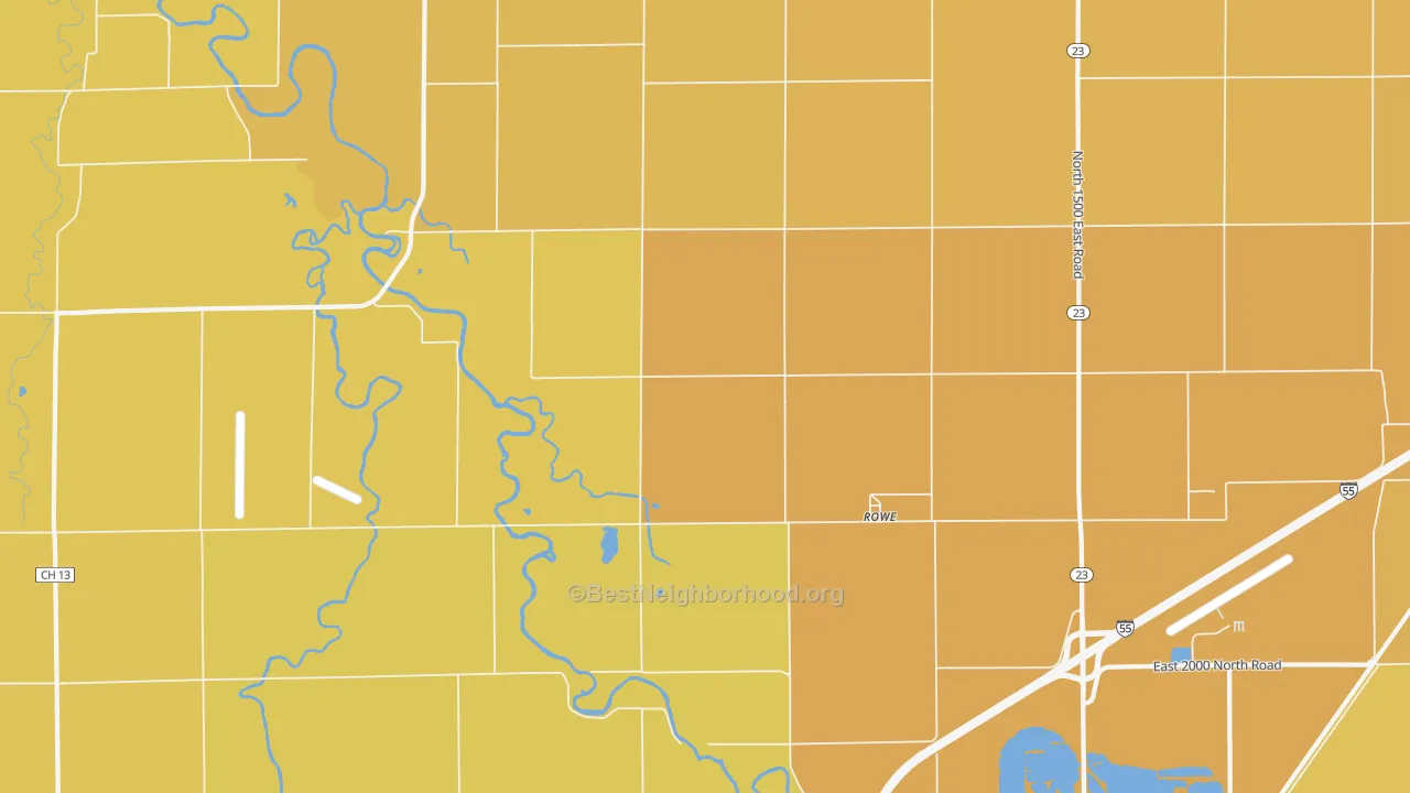 Map of the best neighborhoods in the Rowe area, with better matches in green and worse matches in red