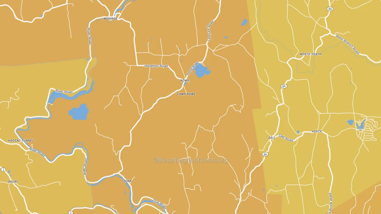 Map of the best neighborhoods in the Rowe area, with better matches in green and worse matches in red