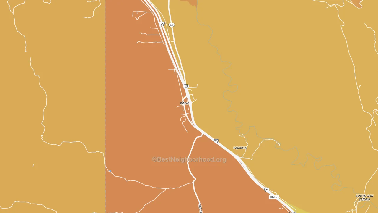 Map of the best neighborhoods in the Rowe area, with better matches in green and worse matches in red