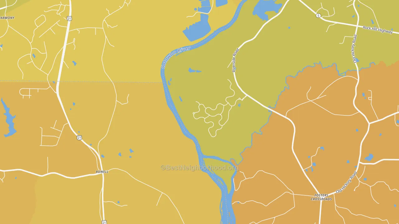 Map of the best neighborhoods in the Rowell area, with better matches in green and worse matches in red
