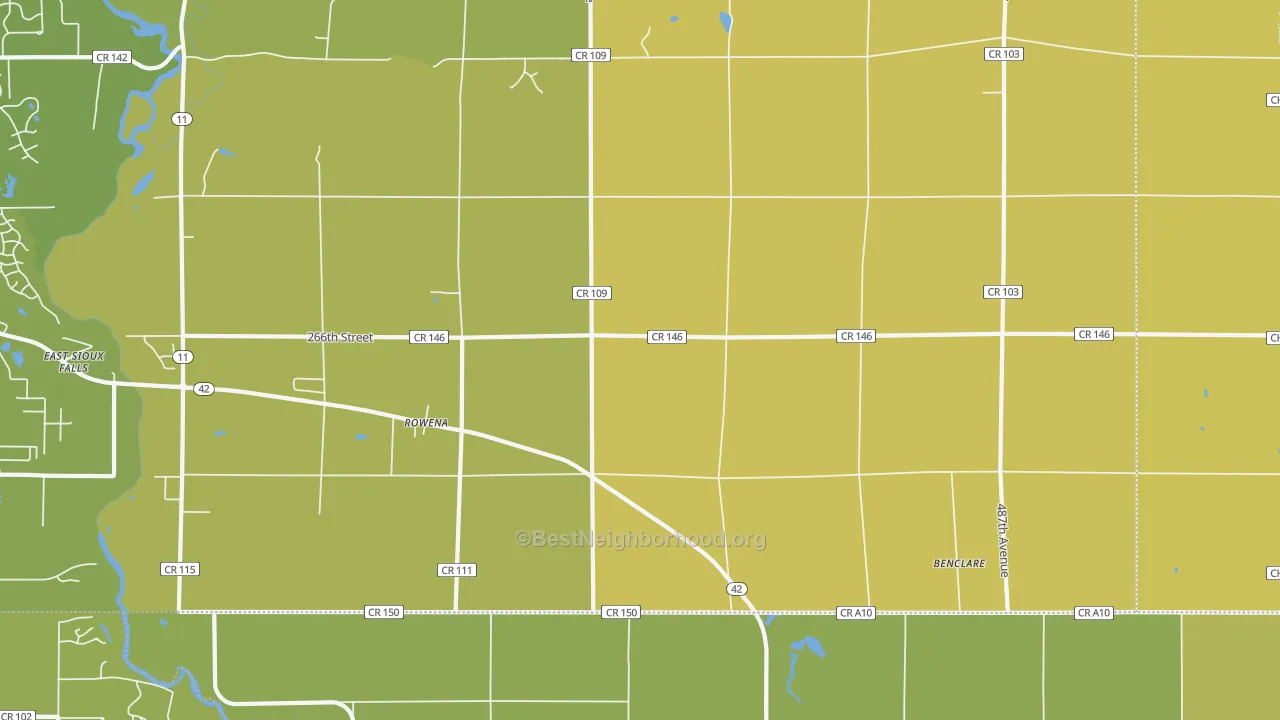 Map of the best neighborhoods in the Rowena area, with better matches in green and worse matches in red