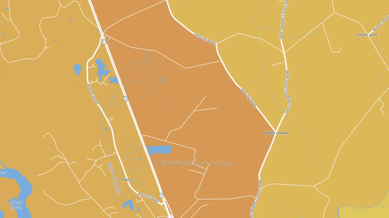 Map of the best neighborhoods in the Rowes Corner area, with better matches in green and worse matches in red
