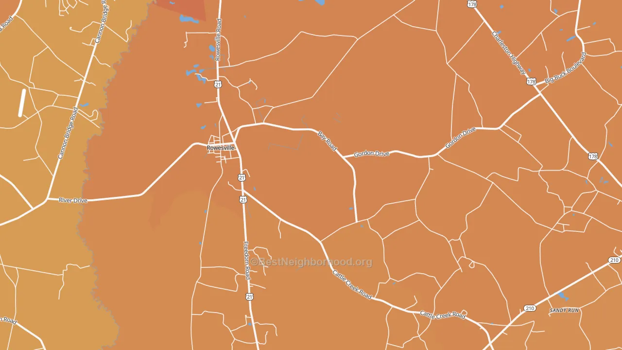 Map of the best neighborhoods in the Rowesville area, with better matches in green and worse matches in red