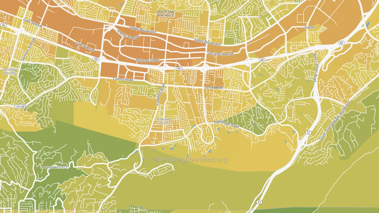Map of the best neighborhoods in the Rowland Heights area, with better matches in green and worse matches in red