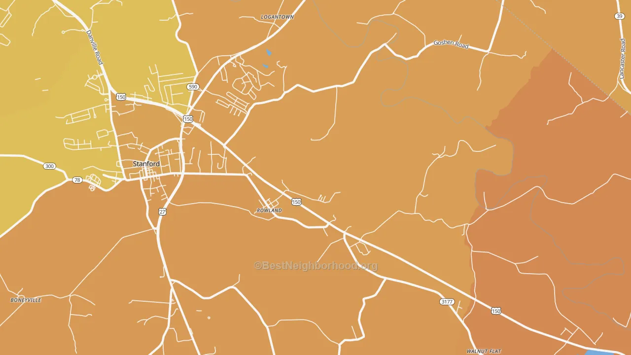 Map of the best neighborhoods in the Rowland area, with better matches in green and worse matches in red
