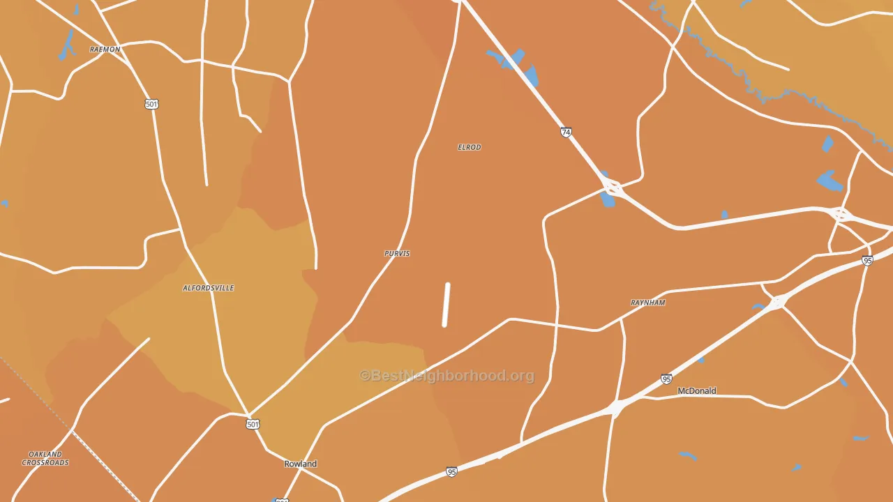 Map of the best neighborhoods in the Rowland area, with better matches in green and worse matches in red