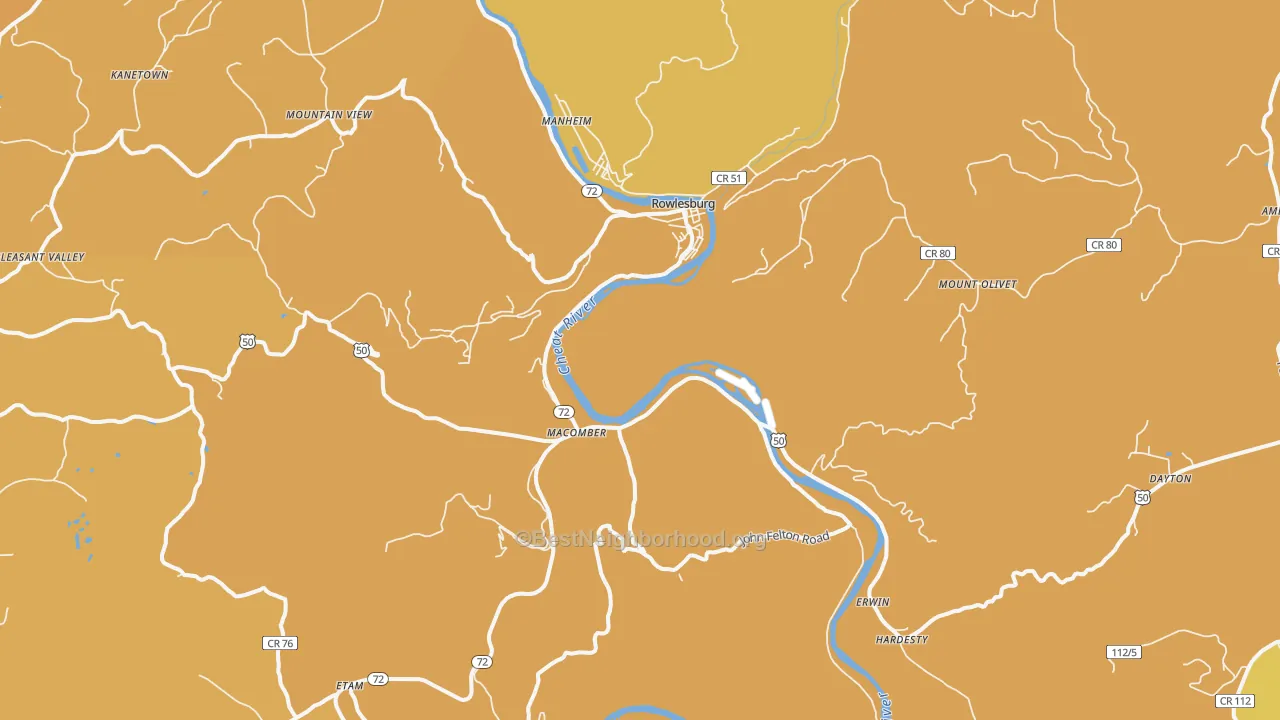 Map of the best neighborhoods in the Rowlesburg area, with better matches in green and worse matches in red