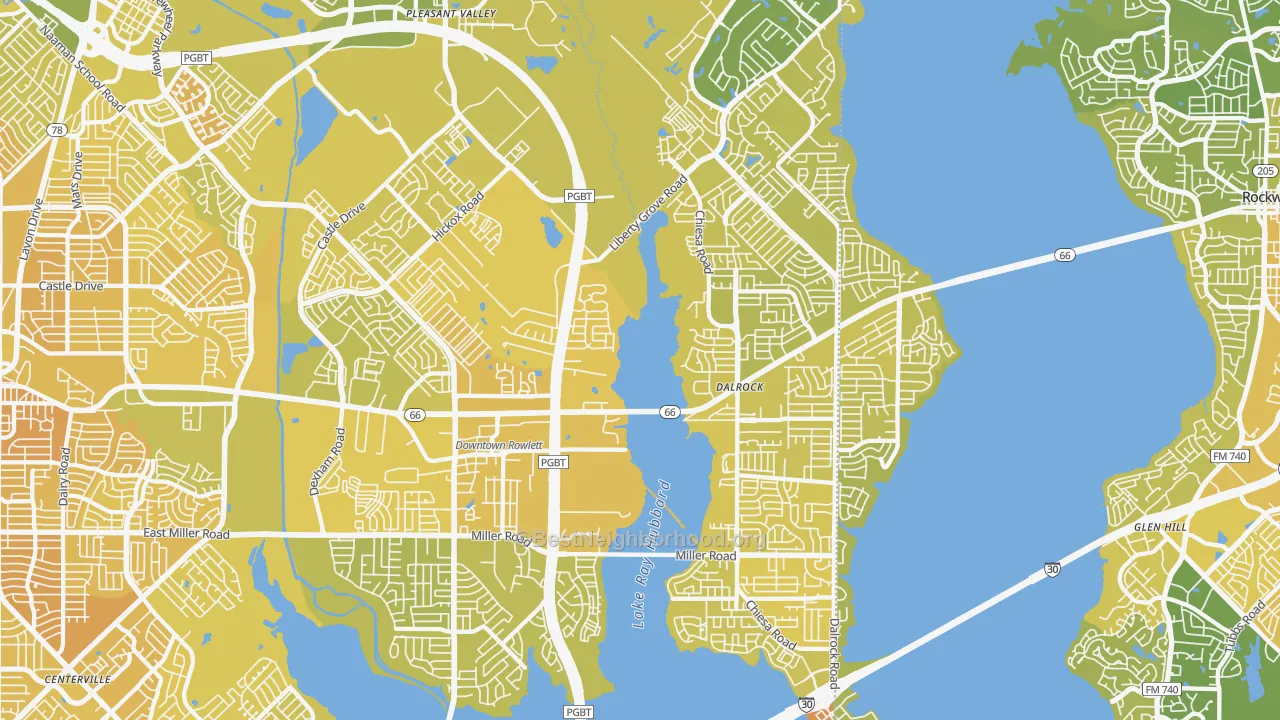 Map of the best neighborhoods in the Rowlett area, with better matches in green and worse matches in red