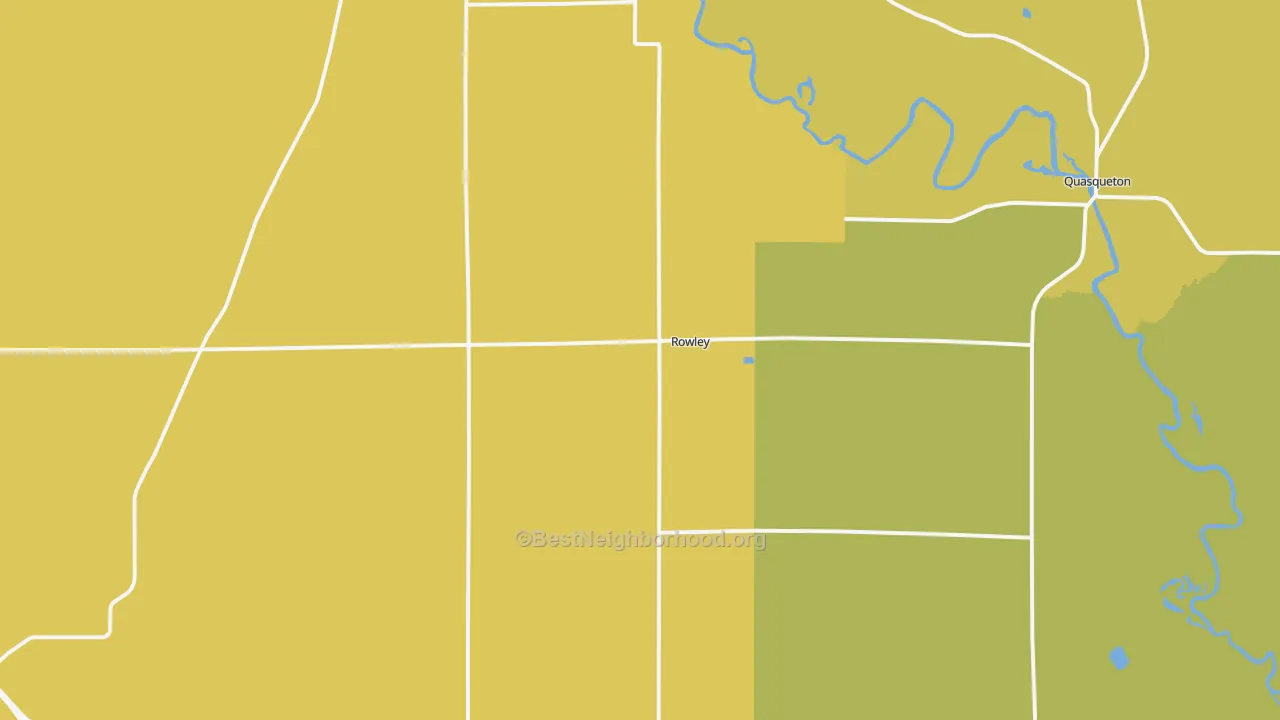 Map of the best neighborhoods in the Rowley area, with better matches in green and worse matches in red