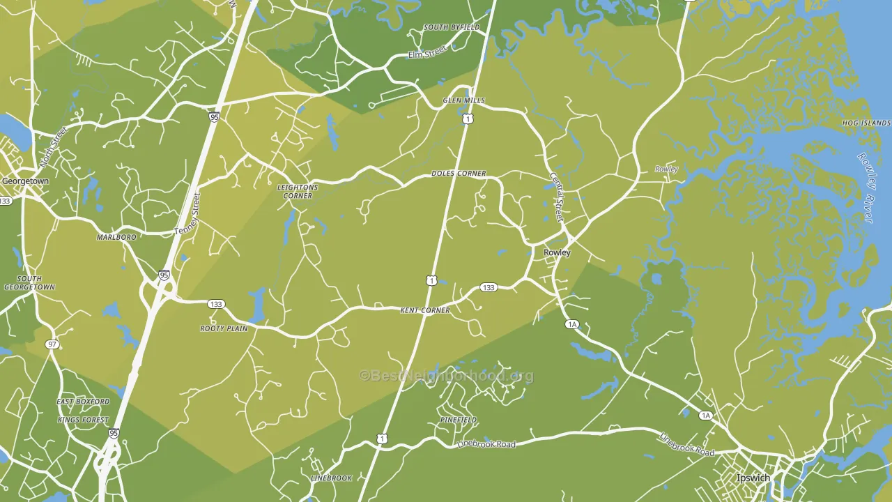 Map of the best neighborhoods in the Rowley area, with better matches in green and worse matches in red