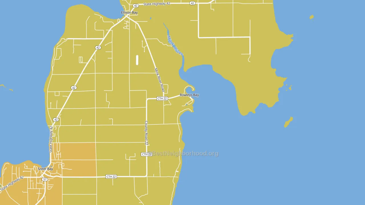 Map of the best neighborhoods in the Rowleys Bay area, with better matches in green and worse matches in red