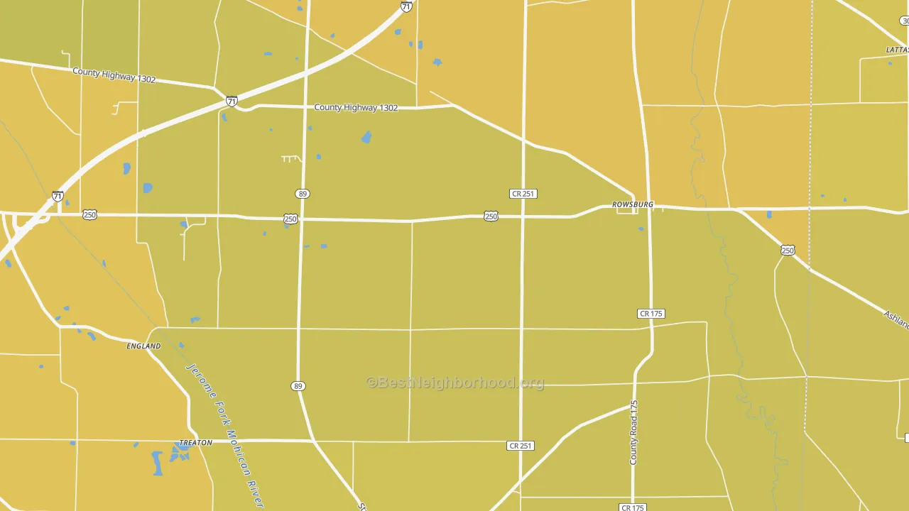 Map of the best neighborhoods in the Rowsburg area, with better matches in green and worse matches in red