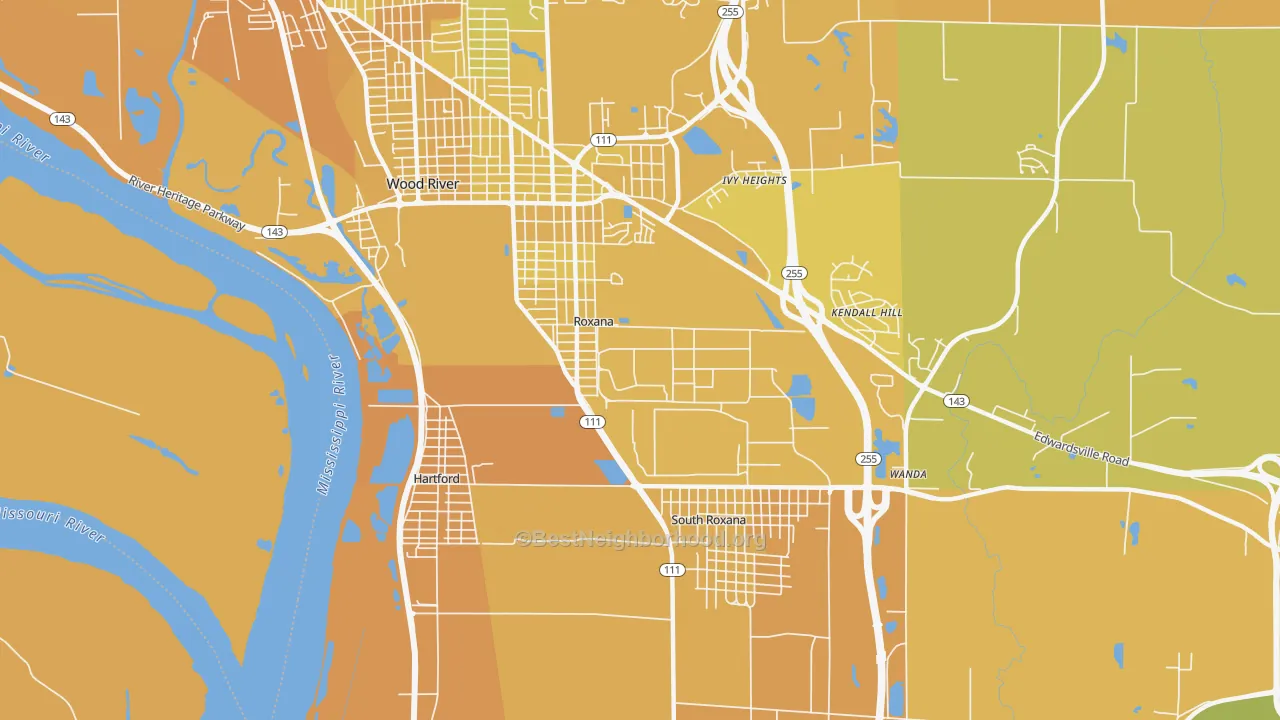 Map of the best neighborhoods in the Roxana area, with better matches in green and worse matches in red