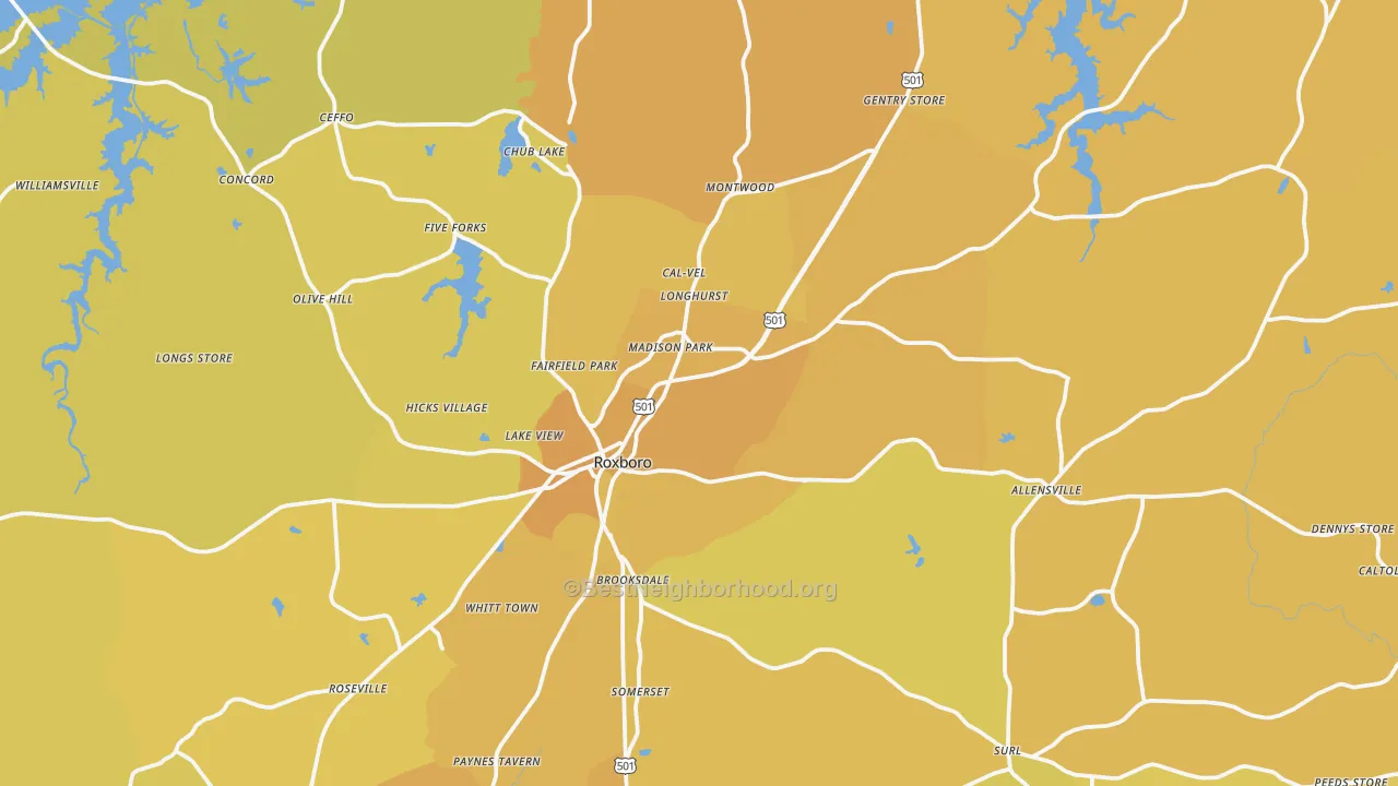 Map of the best neighborhoods in the Roxboro area, with better matches in green and worse matches in red