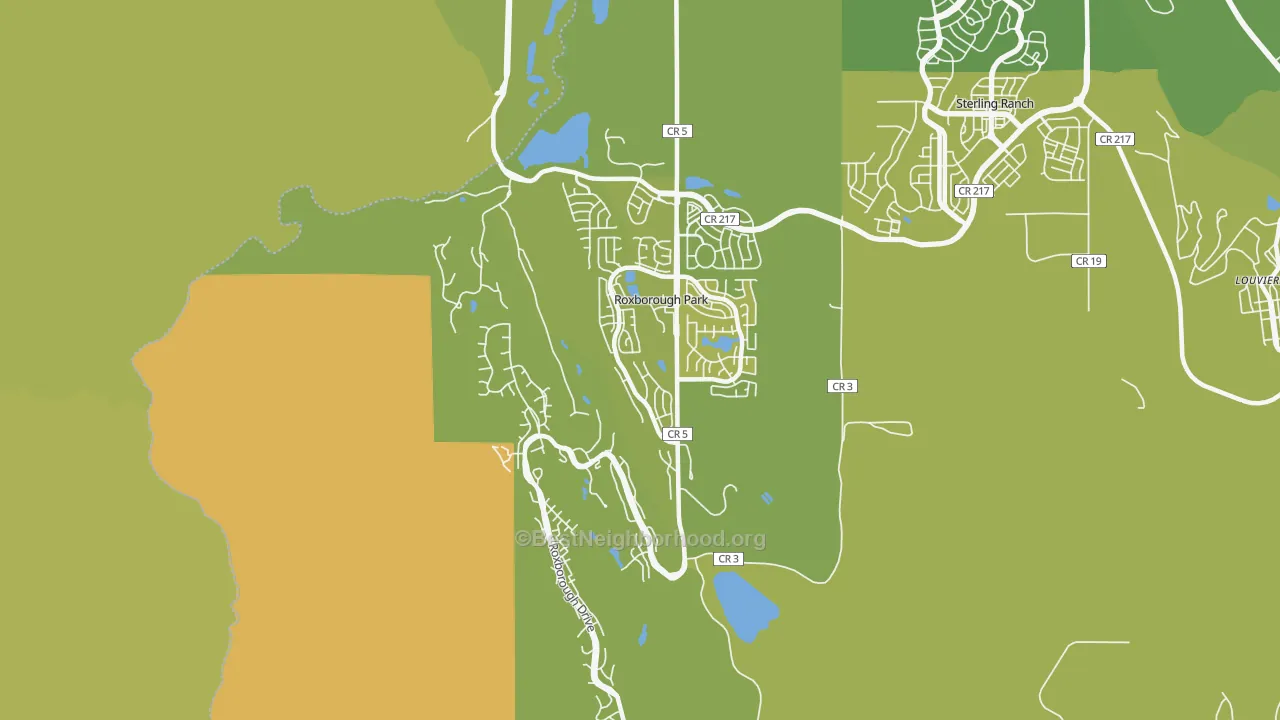 Map of the best neighborhoods in the Roxborough Park area, with better matches in green and worse matches in red