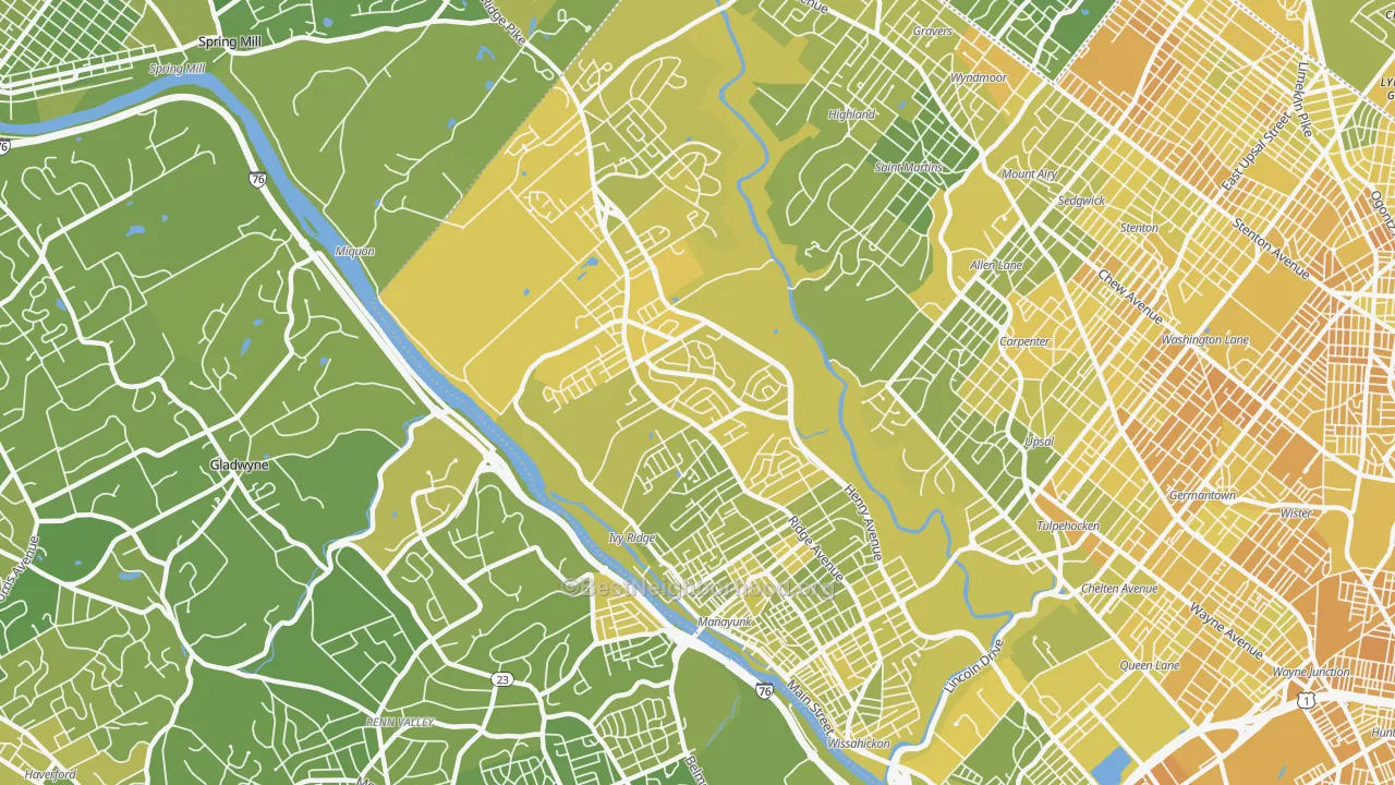 Map of the best neighborhoods in the Roxborough, Philadelphia area, with better matches in green and worse matches in red
