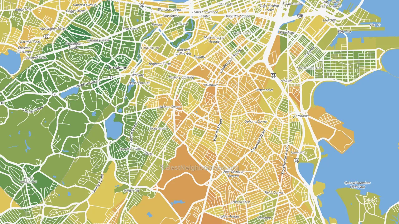 Map of the best neighborhoods in the Roxbury, Boston area, with better matches in green and worse matches in red