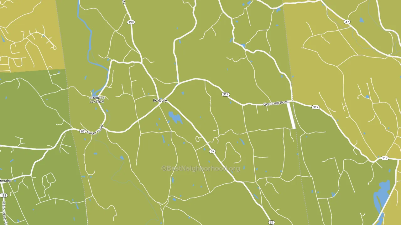 Map of the best neighborhoods in the Roxbury area, with better matches in green and worse matches in red