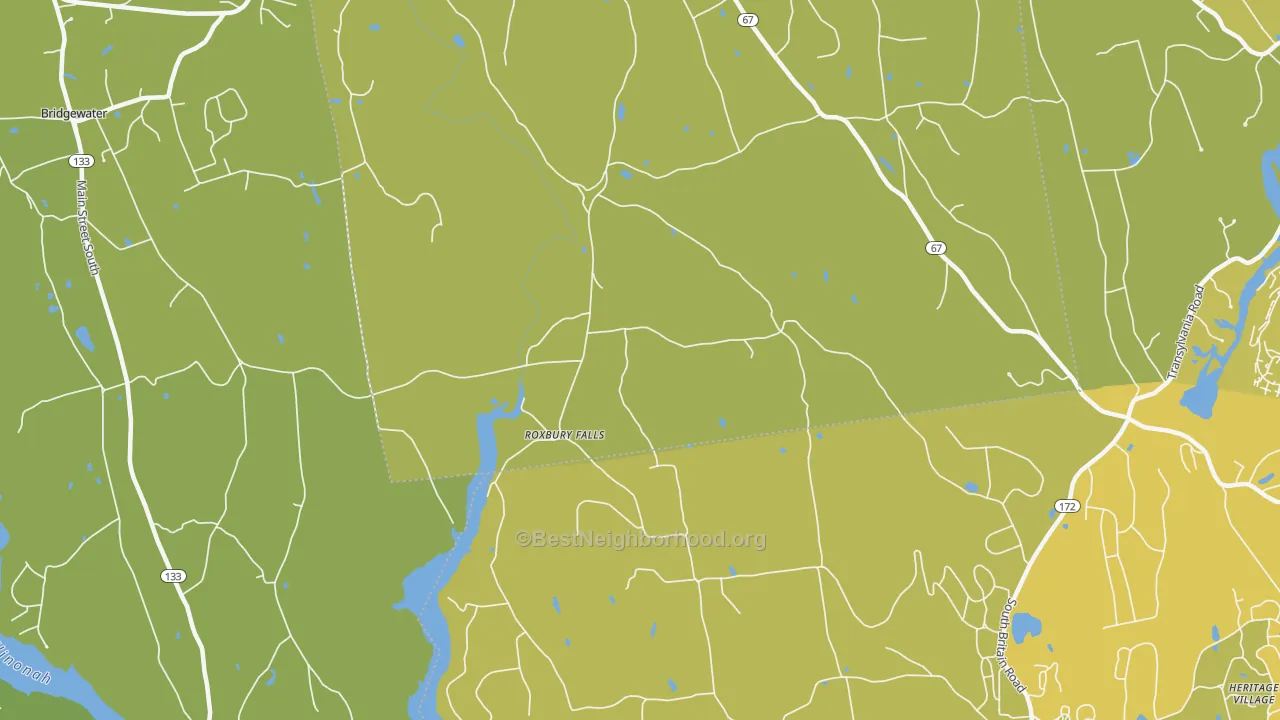 Map of the best neighborhoods in the Roxbury Falls area, with better matches in green and worse matches in red