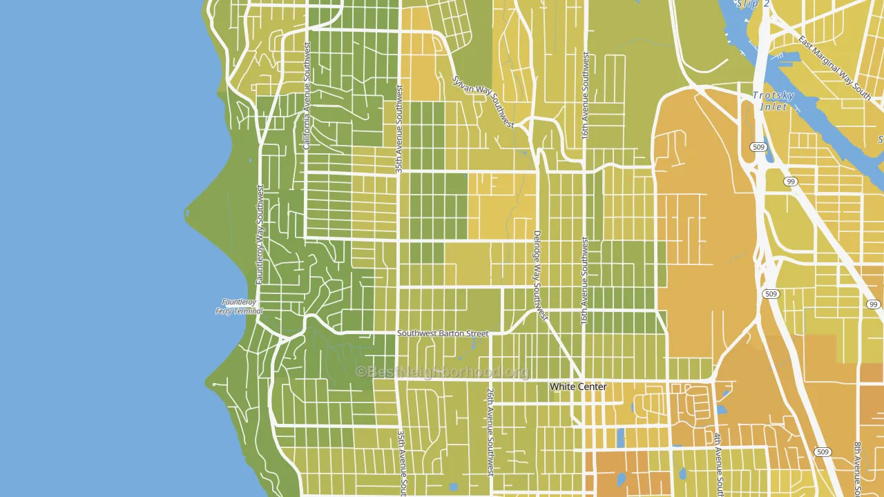 Map of the best neighborhoods in the Roxhill, Seattle area, with better matches in green and worse matches in red
