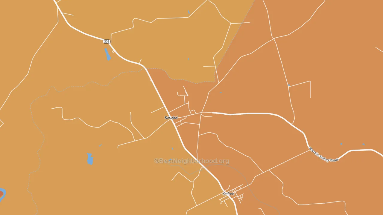 Map of the best neighborhoods in the Roxobel area, with better matches in green and worse matches in red