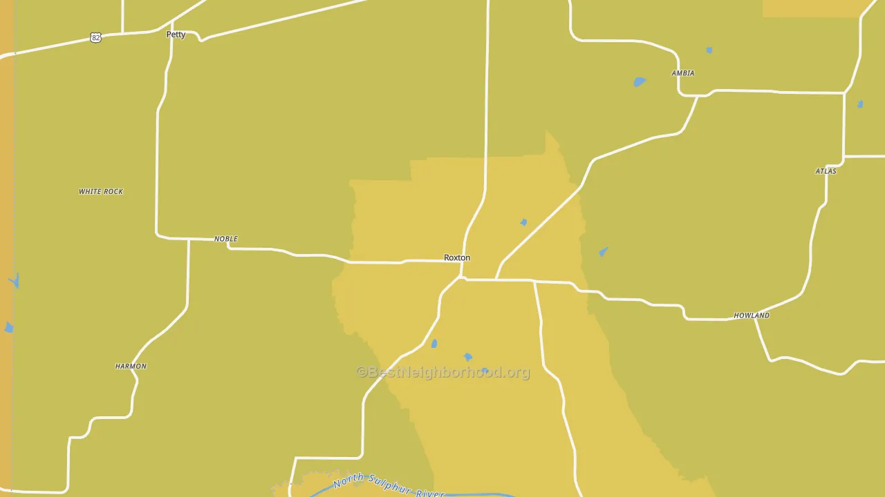 Map of the best neighborhoods in the Roxton area, with better matches in green and worse matches in red