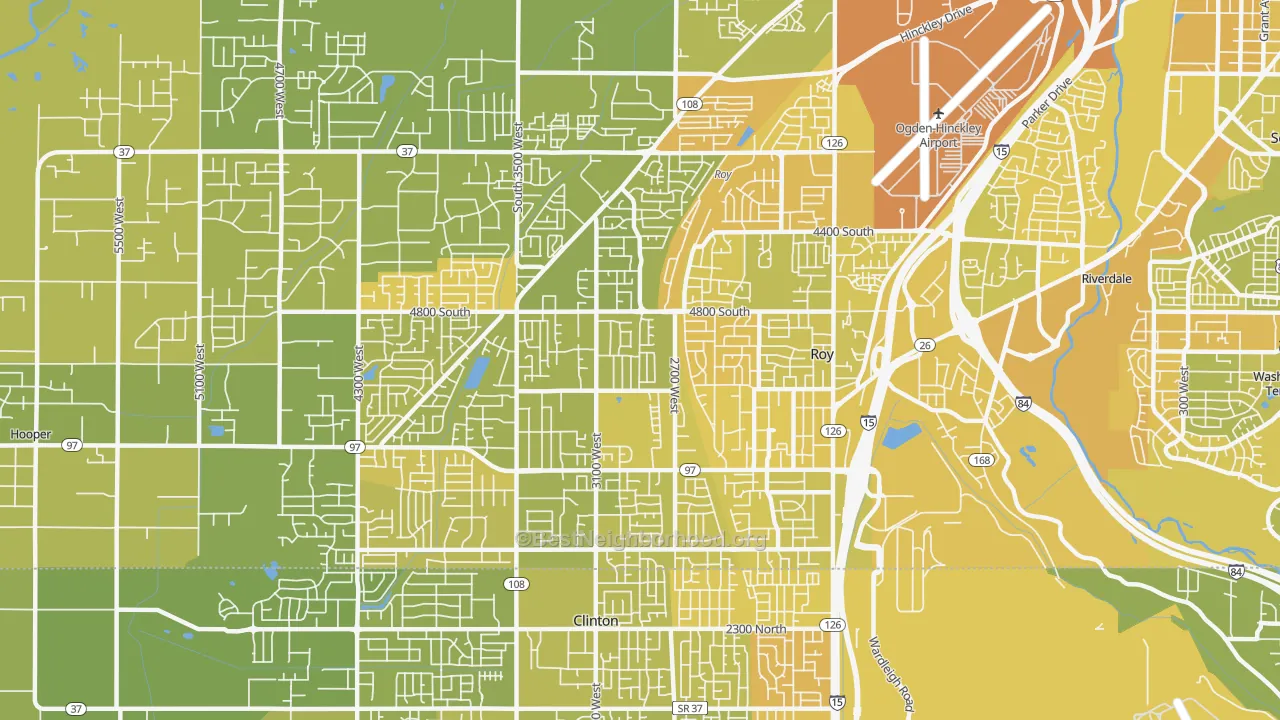 Map of the best neighborhoods in the Roy area, with better matches in green and worse matches in red